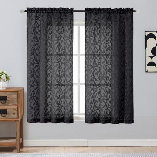 Gwine Black Sheer Curtains 63 Inch Length 2 Panels Set, Light Filtering Leaf Jacquard Textured Soft Airy Living Room Bedroom Curtains, Elegant Rod Pocket Farmhouse Curtain, 42Wx63L Inches, 2PCS - color: Black, size: 42"W x 63"L (Pack of 2)