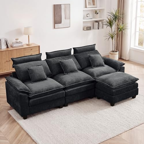 103'' Modular L Shaped Sofa, Cloud Deep Seat Sofa Couch with Ottoman, Detachable Headrest, 3 Seater Sectional Sofas for Living Room, Apartment, Studio, Dark Grey - color: Dark Grey, size: L Shaped Couch