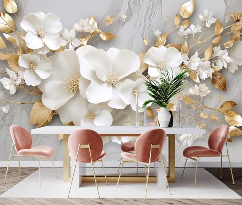 Toolhom 3D Wallpaper Illustration Beige Background | 149"x96" non-self-adhesive Large White Abstract Gold Leaf Flower for Living Room Bedroom Backdrop Decoration - color: MURAL-219, size: 149" x 96"