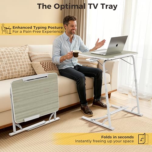 Upgraded Folding TV Tray Table, Sturdy Couch & Dinner Laptop Table | Adjustable Height & Angle Portable Desk for Eating, Work & Recliner; Includes Footrest, Cup Holder, iPad Holder, Edge Stopper - color: (White) - Bright Wood