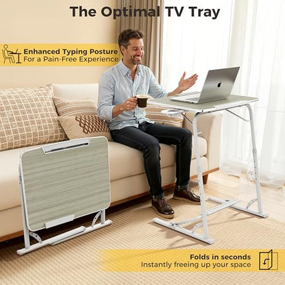 Upgraded Folding TV Tray Table, Sturdy Couch & Dinner Laptop Table | Adjustable Height & Angle Portable Desk for Eating, Work & Recliner; Includes Footrest, Cup Holder, iPad Holder, Edge Stopper - color: (White) - Bright Wood