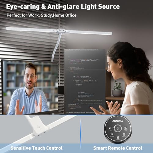 EYOCEAN Desk Lamp with Clamp, 31.5" LED Desk Lamp for Home Office, 24W Double Head Desk Light, Dimmable & Color Temperature, Table Lamp with Remote Control, Brightest Computer Monitor Light - color: White