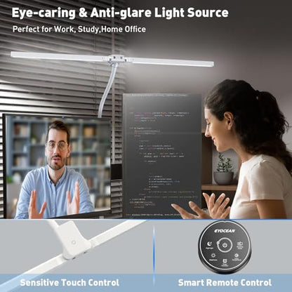 EYOCEAN Desk Lamp with Clamp, 31.5" LED Desk Lamp for Home Office, 24W Double Head Desk Light, Dimmable & Color Temperature, Table Lamp with Remote Control, Brightest Computer Monitor Light - color: White