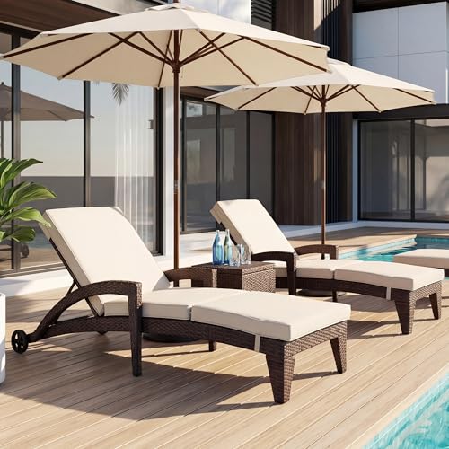 Patio Chaise Lounge Set of 2, Wicker Lounge Chairs Outdoor with Wheels, Heavy Duty Lounger Chair Outdoor, Wicker Chaise Lounges with Armrests All Weather, Khaki - color: Khaki, size: 2 pack