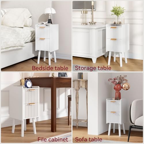 IBUYKE Narrow Nightstand,Slim Bedside Table with 2 Drawer,White UWNS015W | Space Saving,Skinny Bedside Table for Small Spaces,Wood Side End Tables for Bedroom Living Room