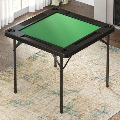 Folding Card Table, 35.4" Square Mahjong Table with Green Felt, Chip Trays and Cup Holders, Portable Domino Tables for 4 Players, Card Game Tables for Mahjong Poker Domino Game, Black - color: Black