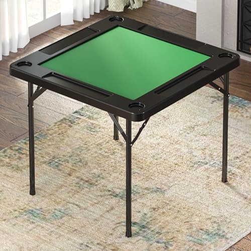 Folding Card Table, 35.4" Square Mahjong Table with Green Felt, Chip Trays and Cup Holders, Portable Domino Tables for 4 Players, Card Game Tables for Mahjong Poker Domino Game, Black - color: Black