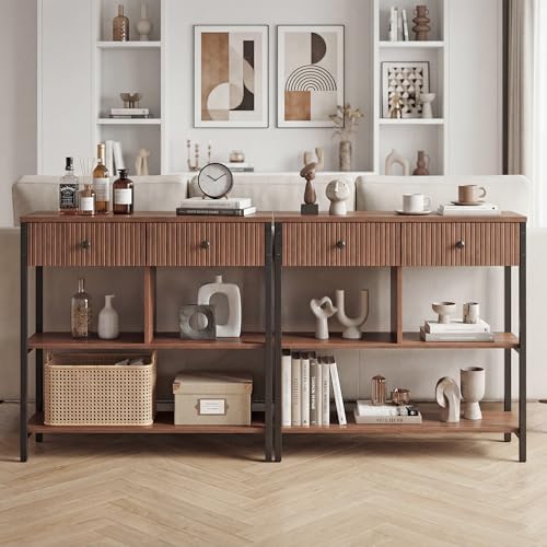 Manora Fluted Console Table with Wooden Drawers, Slim Entryway Table with Open Shelf, Tall Thin Side Table for Couch, Small Sofa Side Table for Hall, Hallway, Bedroom, Living Room, Foyer, Walnut