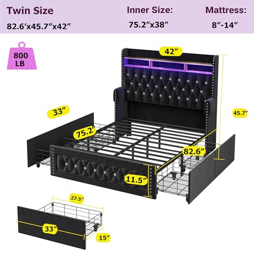 Ailisite Twin Size Bed Frame with 4 Storage Drawers and RGB Led Lights,Velvet Upholstered Platform Bed with Charging Station and Bookcase Storage Headboard, with Crystal and Rivet Deco, Black - color: Black, size: Twin