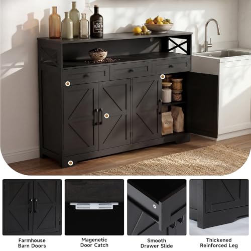 Lahomie 55" Sideboard Buffet Storage Cabinet, Coffee Bar Cabinet,Dark Brown | Coffee Bar Station with Power Outlet, Farmhouse Sideboard with 3 Drawers Adjustable Shelves Open Shelf, Kitchen, Living Room - color: Dark Brown, size: 55"W