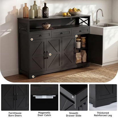 Lahomie 55" Sideboard Buffet Storage Cabinet, Coffee Bar Cabinet,Dark Brown | Coffee Bar Station with Power Outlet, Farmhouse Sideboard with 3 Drawers Adjustable Shelves Open Shelf, Kitchen, Living Room - color: Dark Brown, size: 55"W