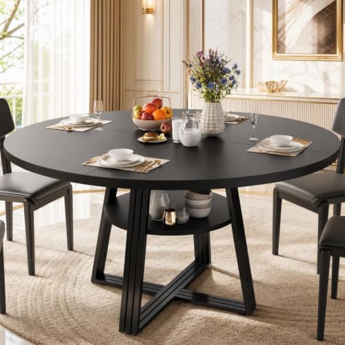 Garvee 47" Round Dining Table for 4-6 with Storage Shelf, Black | Upholstered Beds with Anti-Slip Raised Sides, Low Profile Cloud Platform for Girl/Boy, No Box Spring Needed, Easy Assemble - color: Black, size: S-Shape