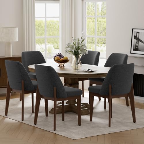 VKNOW Upholstered Wood Dining Chairs Set of 6 with Modern Fabric, Dark Grey | Modern Dining Room Chairs with Wood Legs, Kitchen Chairs for Restaurant, Living Room, No Wobble - color: Dark Grey-brown Leg, size: 6 PCS