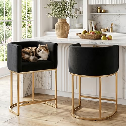HNY Modern Counter Height Velvet Fabric Upholstered Counter Stools Set of 2, 24 Inch Kitchen Island Stool with Gold Finish Metal Frame, Black - color: 24inch ,Black,gold Base