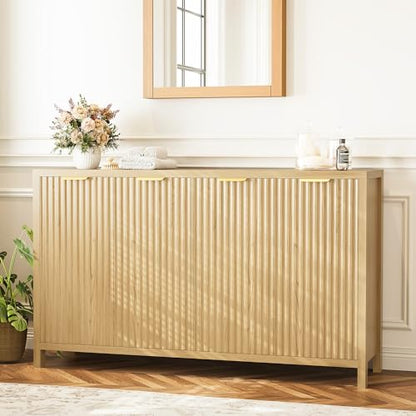 Fluted Buffet Cabinet with Storage, 55" Sideboard Cabinet with 4 Doors, Modern Credenza Accent Console Cabinet Coffee Bar Table for Living Room Dining Room Hallway, Oak - color: Oak