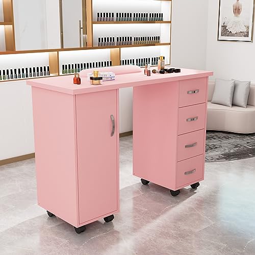 OmySalon Manicure Table Nail Desk with Cabinet, Drawers, Wheels & Wrist Rest, Spa Salon Beauty Home Wooden Technician Workstation for Nail Tech, Pink - color: Pink