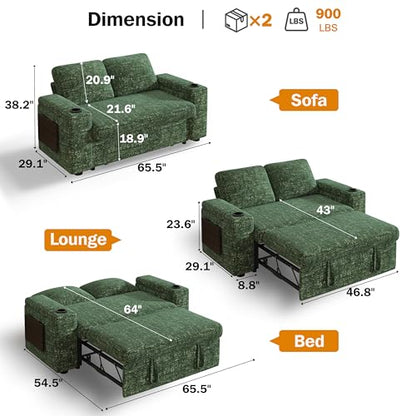 Vipbear 65" Loveseat Sleeper Sofa with Pull Out Bed, Chenille 3-in-1 Convertible Sofa Bed with Reclining Backrest|USB Ports|Cup Holders|Side Table|Storage Armrests, Tool Free Assembly, Green - color: Green