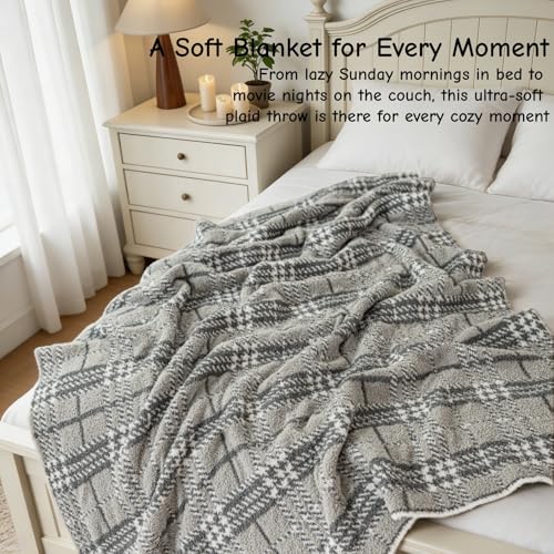 Fuzzy Knit Checkered Throw Blanket 50"x60" Fleece Blanket Grey | Breathable Use for All Seasons, 550GSM Soft Cozy Skin Friendly Touch for Couch Bed Office Chair Wrapping, Machine Washable