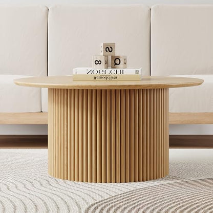 31.5" Round Coffee Table, Modern Fluted Accent Center Table with Metal Frame, Wooden Circle Coffee Tables for Living Room Small Space or Office (Natural) - color: Natural 31.5" Round