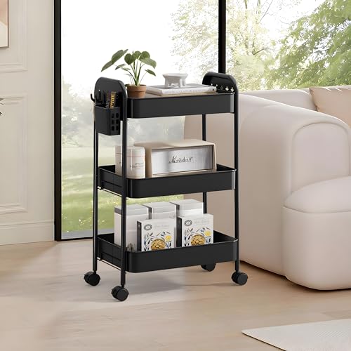 Heavy-Duty Rolling Cart 3 Tier Metal Utility Storage Cart | with Casters, Hooks & Hanging Cups, Rolling Storage Organizer for Kitchen Office Craft Snack Book - color: Matte Black