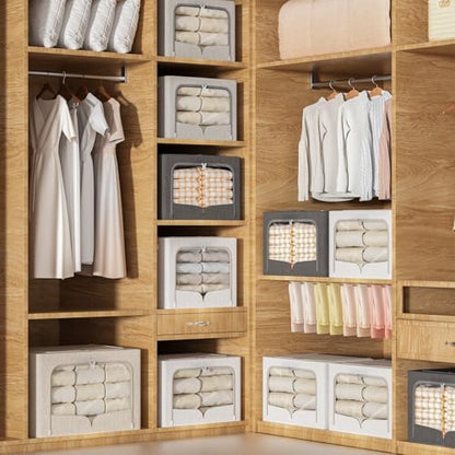 FHSQX 3 Pack Clothes Storage Bins with Metal Frame | Cream White, 23.6x16.5x15.7inch,Foldable, Stackable Linen Fabric, Carrying Handles, Clear Window - color: Cream White, size: 23.6x16.5x15.7inch(100L)