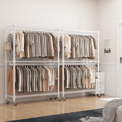BATHWA Clothes Racks for Hanging Clothes, 25 mm tube Heavy Duty 47.3" W x 17.7" D x 80.7" H Large Wardrobe Rack with Shelves & Wheels Rolling Metal Commercial Multifuctional, White - color: White, size: Upgraded & Large