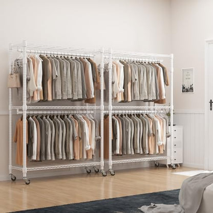BATHWA Clothes Racks for Hanging Clothes, 25 mm tube Heavy Duty 47.3" W x 17.7" D x 80.7" H Large Wardrobe Rack with Shelves & Wheels Rolling Metal Commercial Multifuctional, White - color: White, size: Upgraded & Large