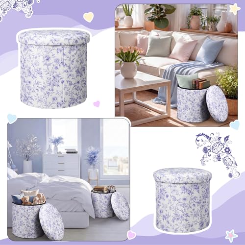 Geetery 2 Pcs Dorm Ottoman with Storage Set Blue Floral Ottoman | Vanity Stool with Storage for Bedroom Coffee Table Small Coquette Foot Stool for Girls Living Room College Dorm Essentials - style: Blue and White Flowers Pattern