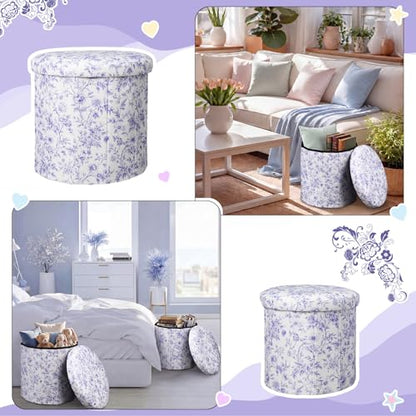 Geetery 2 Pcs Dorm Ottoman with Storage Set Blue Floral Ottoman | Vanity Stool with Storage for Bedroom Coffee Table Small Coquette Foot Stool for Girls Living Room College Dorm Essentials - style: Blue and White Flowers Pattern
