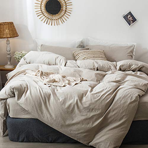 MooMee Duvet Cover Set 100% Washed Cotton Linen Like Oversized Queen | Relaxed Linen-like Texture. Soft, Breathable & Long-lasting Comfort. Lightweight. Hidden Zipper with 8 Interior Corner Ties - color: Heathered Tannish Linen Grey (No Comforter), size: