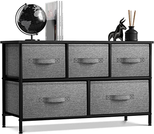 Sorbus Dresser with 5 Drawers - Storage Chest Organizer Unit with Steel Frame, Wood Top, Easy Pull Fabric Bins - Long Wide TV Stand for Bedroom Furniture, Hallway, Closet & Office Organization - color: Black, size: 11.9"D x 39.5"W x 24.6"H (5 Drawers)