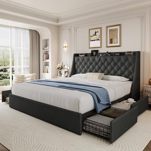 King Size Upholstered Platform Bed Frame with 4 Storage Drawers and Charging Station, Linen Button Tufted Wingback Headboard, Sturdy Wooden Support Slats, No Box Spring Needed, Dark Grey - color: Dark Gray, size: King