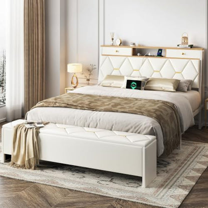 FreeHouse Full Size Bed Frame with Headboard & Storage, All Metal Structure | PU Leather Upholstered Bed Frame Full Size with Charging Station, Diamond Tufted, Gold Accents, No Box Spring Needed, White - color: White, size: Full