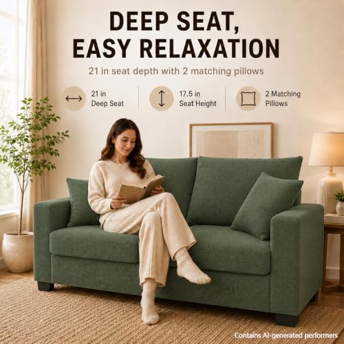 69'' Loveseat Sofa,Modern Fabric 2-Seater Sofa with 2 Pillows(Dark Green) | Small Couches for Living Room, Office,Apartment, Small Spaces,21 in Deep Seat - color: Dark Green
