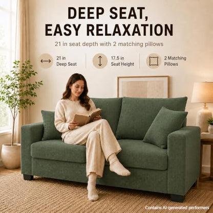 69'' Loveseat Sofa,Modern Fabric 2-Seater Sofa with 2 Pillows(Dark Green) | Small Couches for Living Room, Office,Apartment, Small Spaces,21 in Deep Seat - color: Dark Green