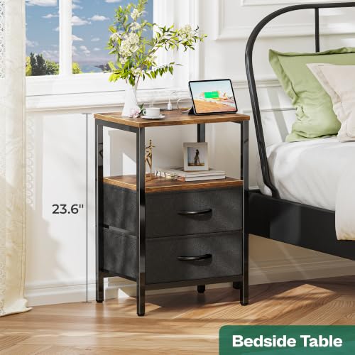 Huuger Nightstand with Charging Station, Side Table with Fabric Drawers, End Table with Open Shelf, Bedside Table with USB Ports and Outlets, Night Stand for Bedroom, Rustic Brown and Black | End Table with Open Shelf, Bedside Table with USB Ports and Out