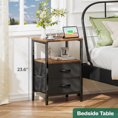 Huuger Nightstand with Charging Station, Side Table with Fabric Drawers, End Table with Open Shelf, Bedside Table with USB Ports and Outlets, Night Stand for Bedroom, Rustic Brown and Black | End Table with Open Shelf, Bedside Table with USB Ports and Out