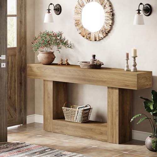 Tribesigns 63" Console Table, Farmhouse 2-Tier Entryway Table with U-Shaped Base, Narrow Long Wood Sofa Table Behind Couch Table for Living Room, Hallway, Foyer, Light Brown - color: Light Brown