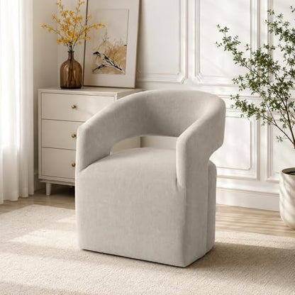 Compact Barrel Arm Chair with Casters, Upholstered Accent Chair with Open Back Cutout, Plush Rounded Seat, Pedestal Base for Living Room Bedroom Vanity, Taupe - color: Taupe