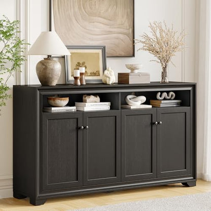60 Inches Sideboard Buffet Cabinet with Storage and 4 Doors, Black | Large Sideboard Kitchen Cabinet with Open Shelf & Adjustable Shelf, Kitchen Coffee Bar Console Table for Living Room, Hallway - color: Black