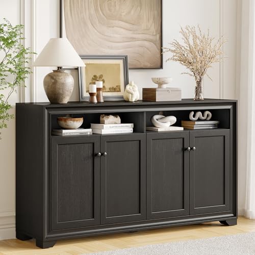 60 Inches Sideboard Buffet Cabinet with Storage and 4 Doors, Black | Large Sideboard Kitchen Cabinet with Open Shelf & Adjustable Shelf, Kitchen Coffee Bar Console Table for Living Room, Hallway - color: Black