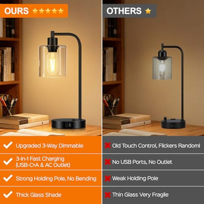 Set of 2 Industrial Touch Control Table Lamps with USB C+A Ports and AC Outlet - 3-Way Dimmable Black Bedside Lamps Nightstand Desk Lamps for Bedroom Living Room, Glass Shade & 2 LED Bulbs Included - color: Black(2 pack) - Clear Glass-Touch Control