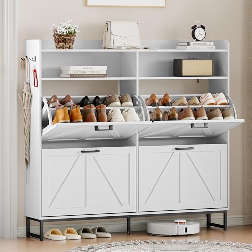 Shoe Cabinet Storage for Entryway, Shoe Storage Cabinet with 4 Flip Drawers, Freestanding Narrow Shoe Rack Organizer with Metal Legs, Adjustable Shelves & Open Storage for Foyer, Hallway, White - color: White, style: 4 Drawers