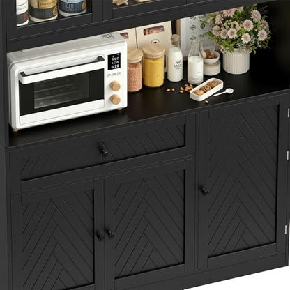72” Tall Kitchen Pantry Storage Cabinet, Modern White Kitchen Hutch with Large Storage Drawer, Countertop, Adjustable Shelves, Food Pantry Cabinets for Dining Room, Living Room (Black) | Kitchen Hutch with Large Storage Drawer, Countertop, Adjustable Shel