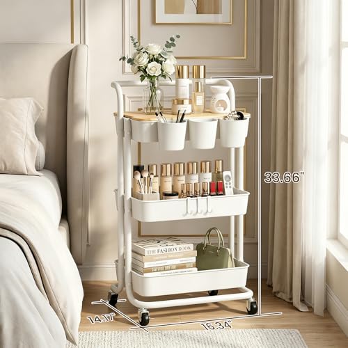 3 Tier Rolling Cart with Table Top, Utility Cart with Lockable Wheel | Hooks & Cup Holders, Multifunctional Rolling Storage Cart for Kitchen, Bathroom, Office, Bedroom, Craft, Living Room (White) - color: White