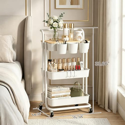3 Tier Rolling Cart with Table Top, Utility Cart with Lockable Wheel | Hooks & Cup Holders, Multifunctional Rolling Storage Cart for Kitchen, Bathroom, Office, Bedroom, Craft, Living Room (White) - color: White
