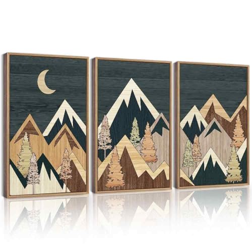 KUVIOKE Morden Mountains Framed Wall Art Boho Pine Tree Forest Nature Landscape Artwork Bohemain Farmhouse Rustic Bedroom Decor 16x24in (Natural Framed) - color: Wood Mountain, size: 16 x 24in x 3 Panels Natural