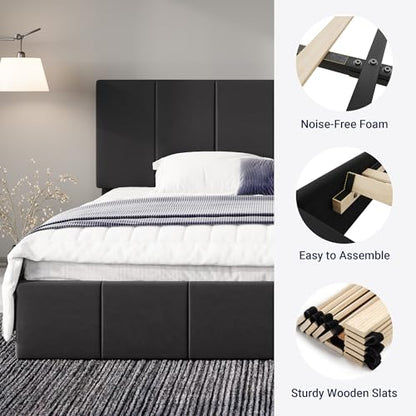 Allewie King Size Dutch Velvet Upholstered Platform Bed Frame/Vertical Channel Tufted Adjustable Headboard/Low Profile Bed Frame/No Box Spring Needed/Easy Assembly/Black - color: Black, size: King