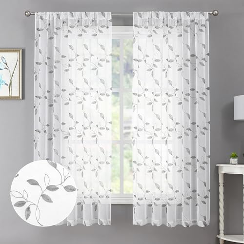 Tollpiz Grey Leaf Sheer Curtain Bedroom Short 38 x 45 Inches | Leaves Embroidered Curtains Rod Pocket Voile Window Treatments for Living Room, Set of 2 Panels - color: Grey, size: 38"W x 45"L (Pack of 2)