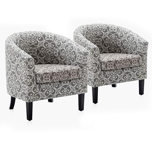 BELLEZE Accent Barrel Chair Set of 2, Linen Round Chair Club Tub Sofa Corner Chair with Flared Legs and Cozy Soft Padding for Living Room Bedroom Waiting Room - White & Gray - color: White & Gray, style: Set of 2 Barrel Chair